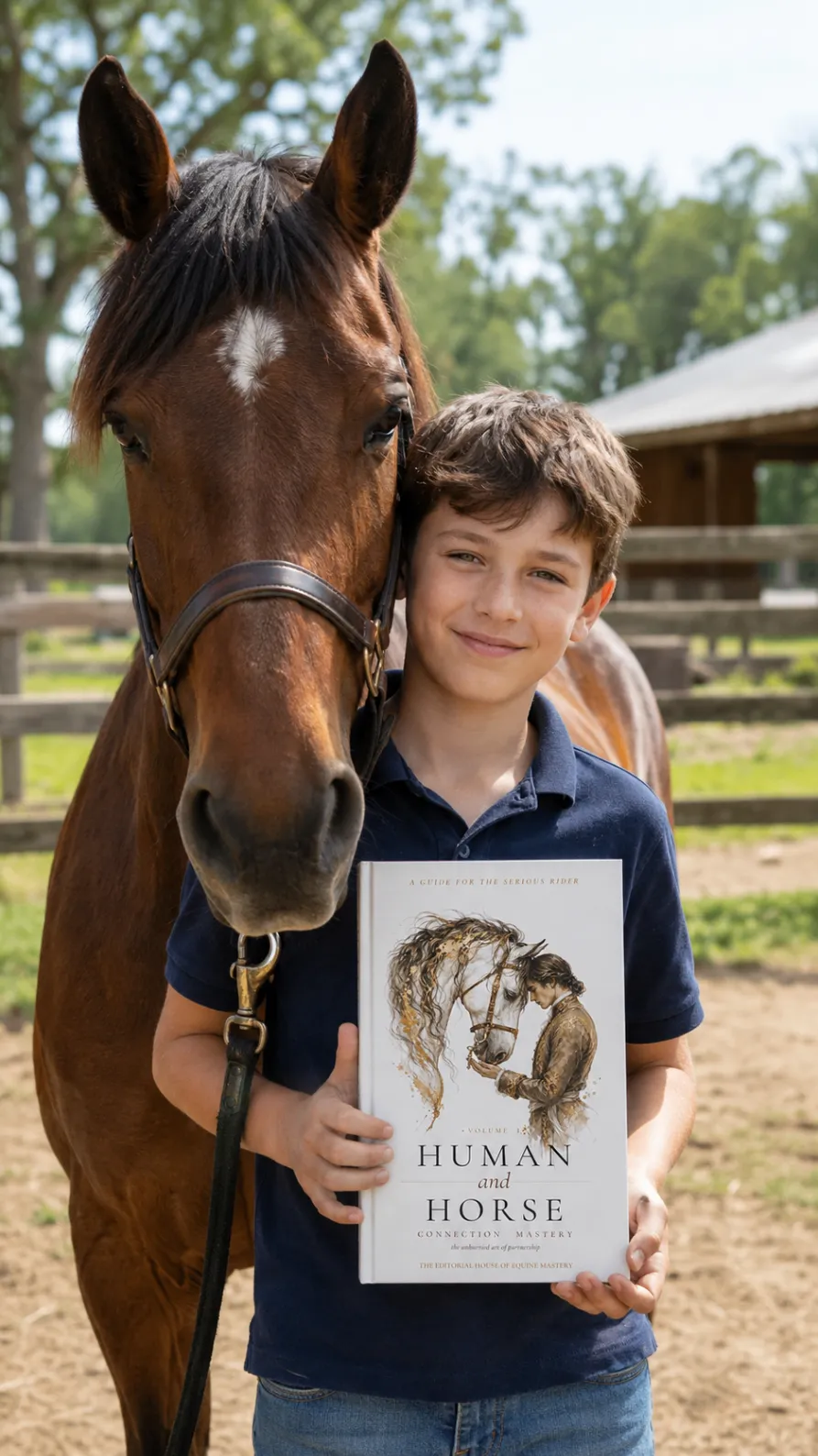 Young rider standing beside a bay horse while holding the book Human and Horse Connection Mastery.