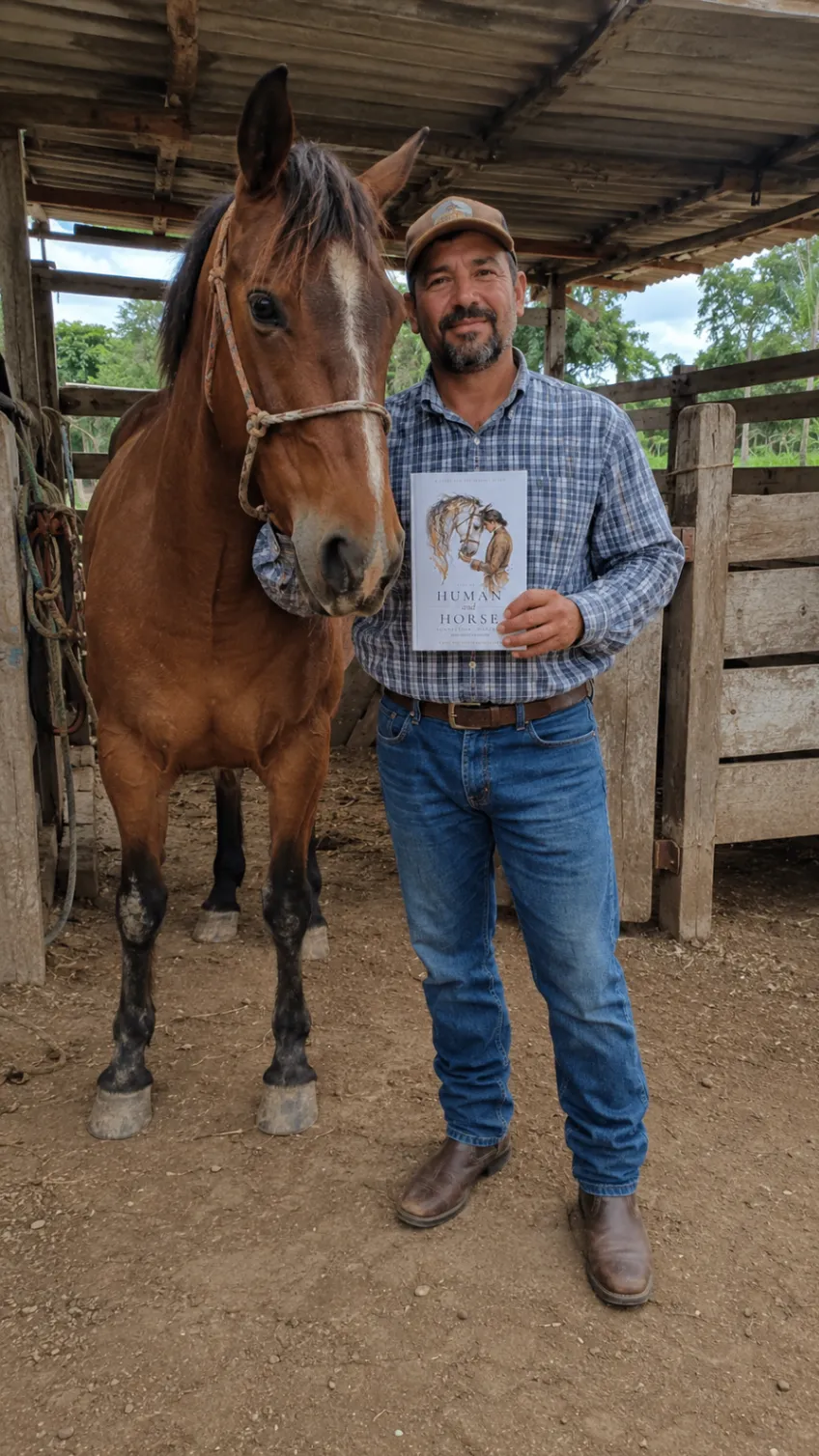 Horseman beside a bay horse in a barn holding the book Human and Horse Connection Mastery.