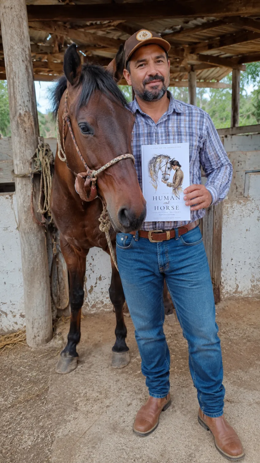 Man beside a horse in a rustic stable holding the book Human and Horse Connection Mastery.