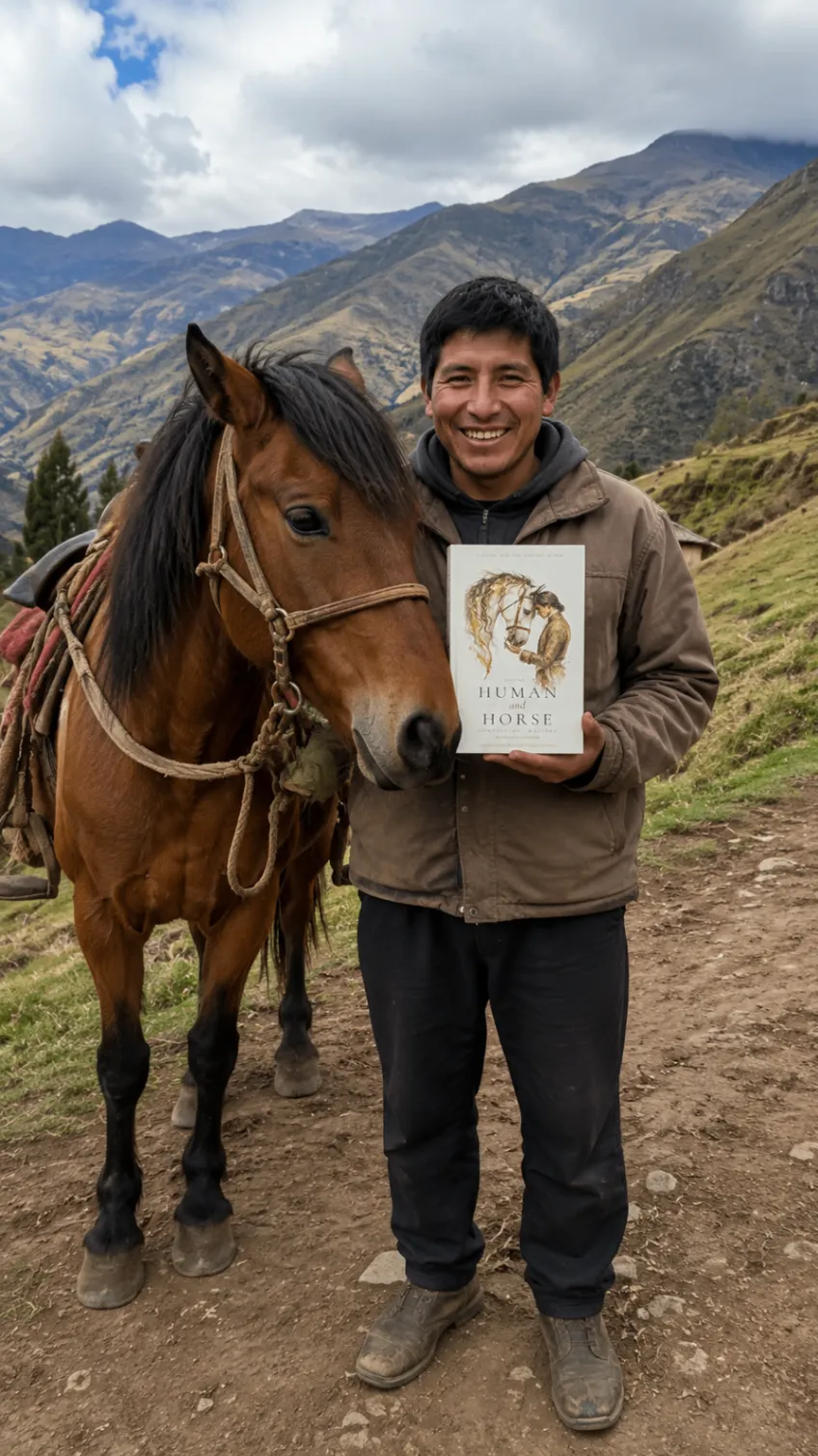 Man smiling beside his horse in the mountains while holding the book Human and Horse Connection Mastery.