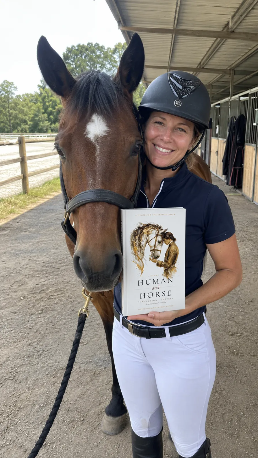 Woman in riding gear beside a bay horse holding the book Human and Horse Connection Mastery.