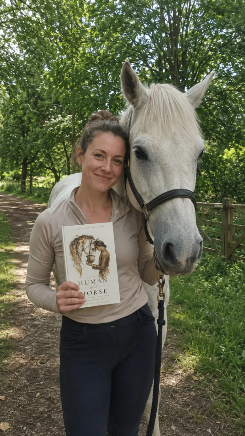 Woman beside a white horse on a tree-lined path holding the book Human and Horse Connection Mastery.