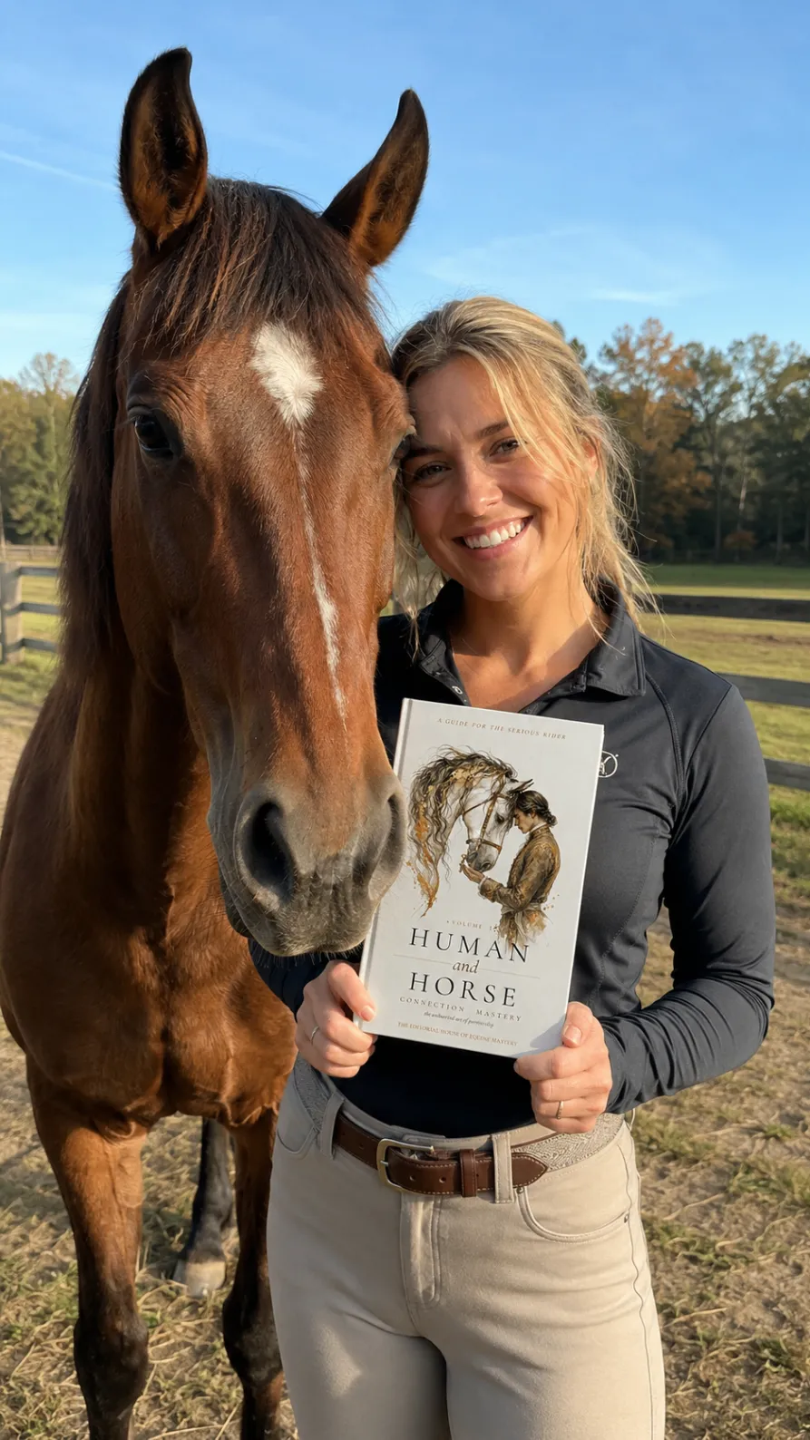 Woman standing close to a bay horse outdoors while holding the book Human and Horse Connection Mastery.