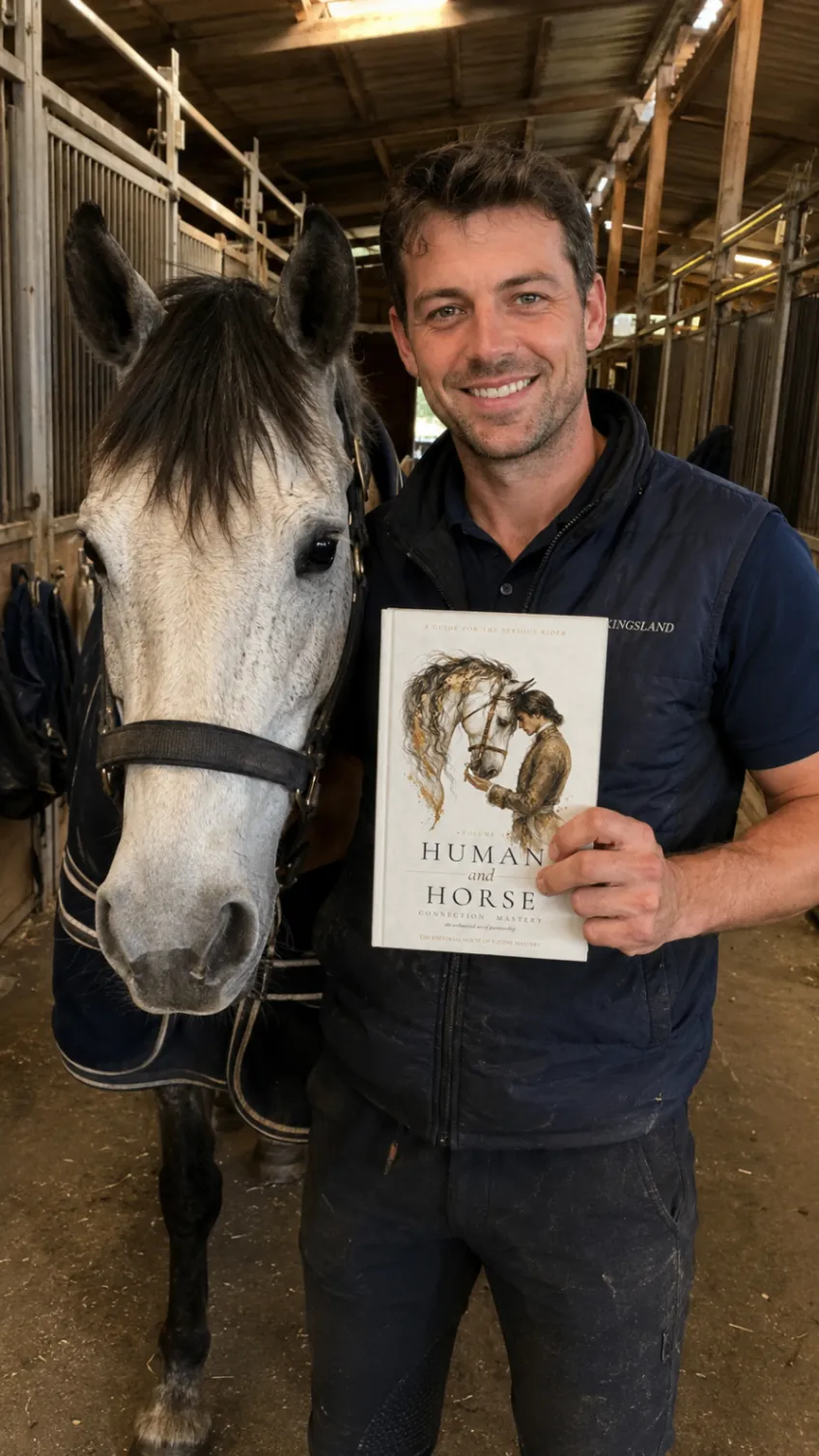 Rider in a stable posing with a gray horse and the book Human and Horse Connection Mastery.